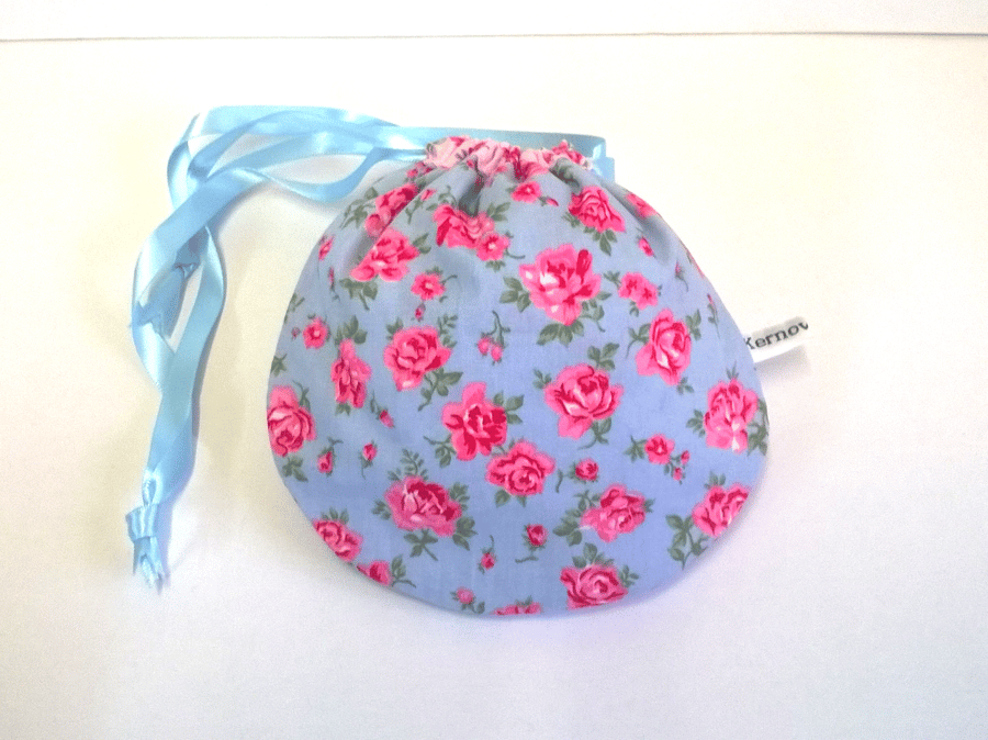 Make up bag with drawstring, Blue with pink flowers, lined