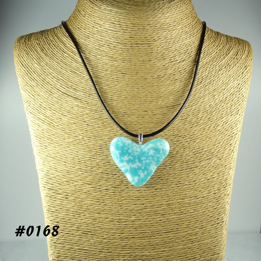 Turquoise handcrafted fused glass heart pendant on a black leather cord (0168)