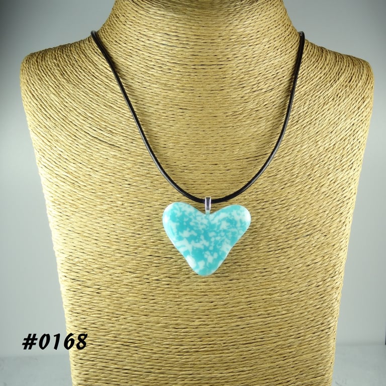 Turquoise handcrafted fused glass heart pendant on a black leather cord (0168)