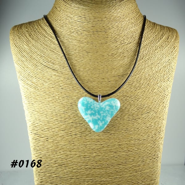 Turquoise handcrafted fused glass heart pendant on a black leather cord (0168)