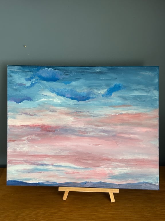 Dusk sky over distant hills . Soft pink and blue original acrylic painting 20x16