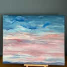 Dusk sky over distant hills . Soft pink and blue original acrylic painting 20x16