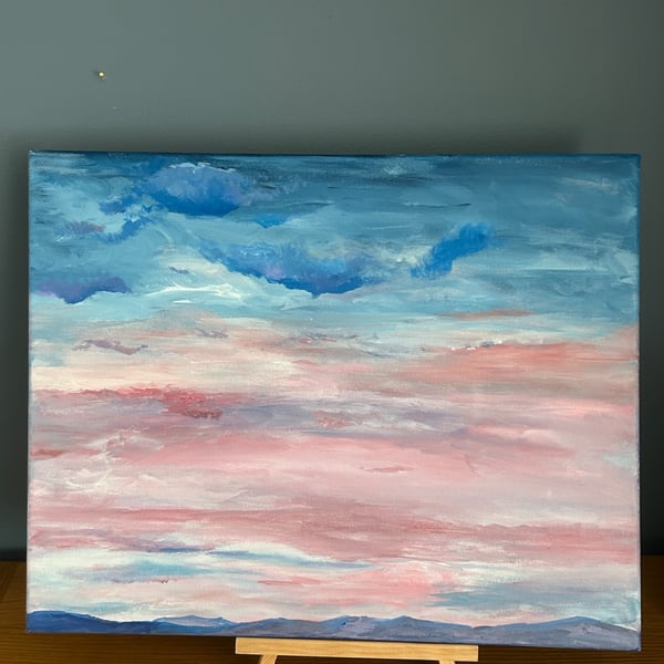 Dusk sky over distant hills . Soft pink and blue original acrylic painting 20x16