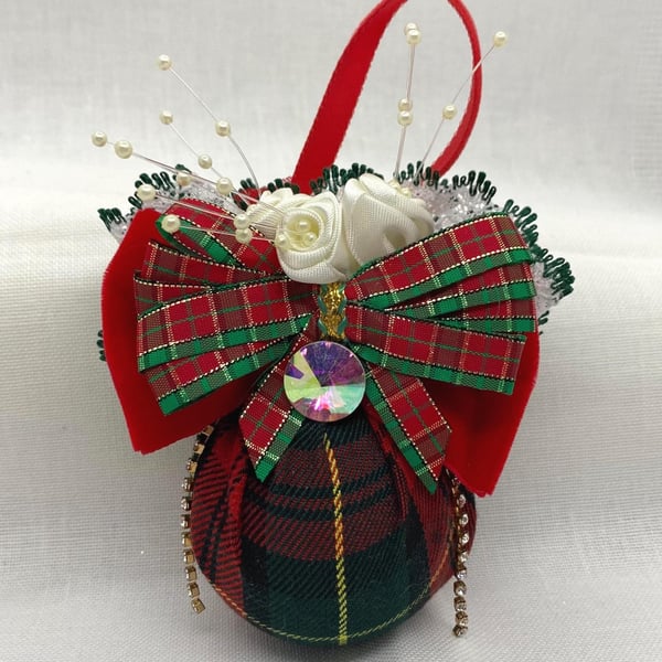 Red and Green Tartan Christmas Bauble with Lace and Ribbon