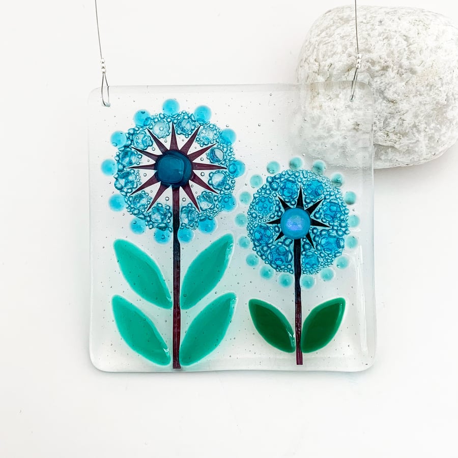 Fused Glass Turquoise Allium Square Hanging - Handmade Glass Suncatcher