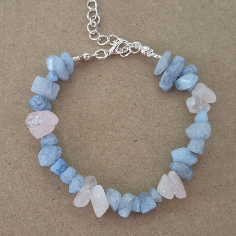 Pale Blue Aquamarine and Rose Quarts Chip Handmade Bracelet - Handmade Jewellery