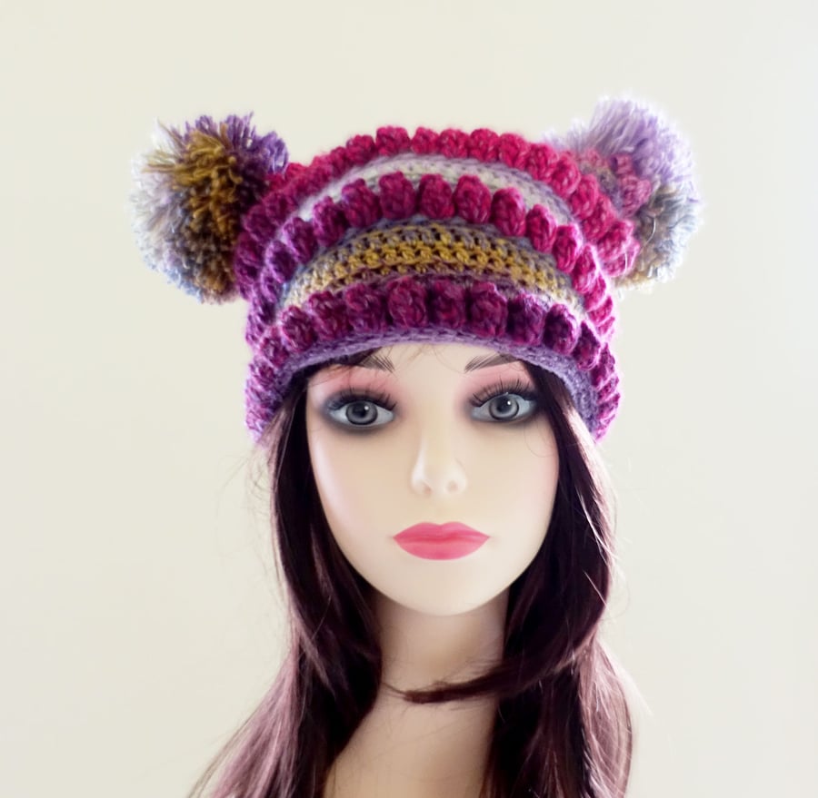 Crochet Pom Pom Hat Pink Grey Gold  Quirky Gift Festival Hat 