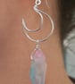 Silver crescent moon wire dangle earrings, with blue pink raw quartz points - Image 3