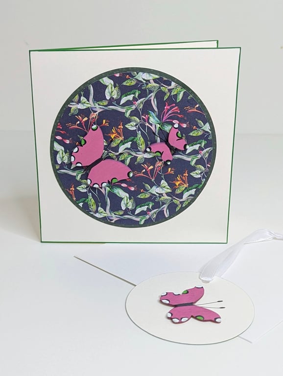 Handmade card with wooden butterfly  embellishments and matching gift tag 