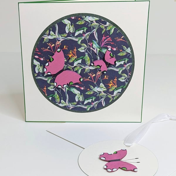 Handmade card with wooden butterfly  embellishments and matching gift tag 