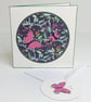 Handmade card with wooden butterfly  embellishments and matching gift tag 