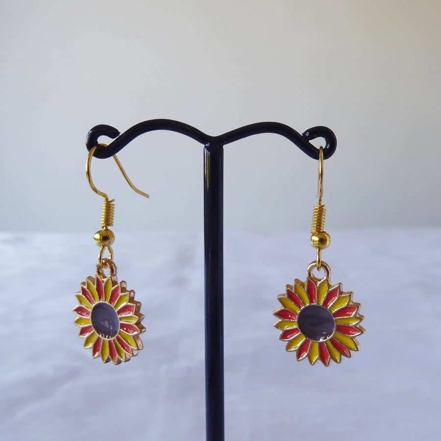 Orange and Yellow Enamelled Sunflower Earrings with Gold Plated Ear Wires