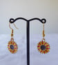 Orange and Yellow Enamelled Sunflower Earrings with Gold Plated Ear Wires