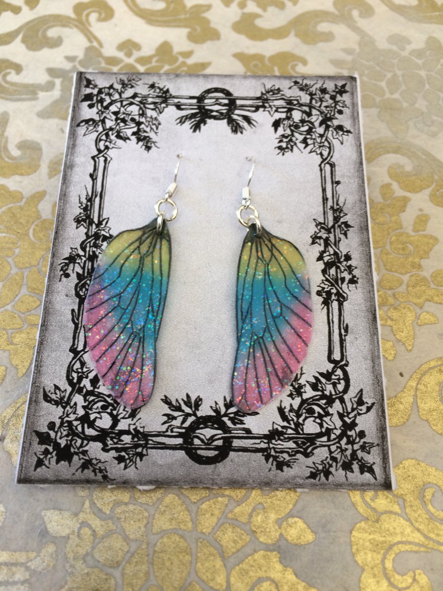 Pastel Rainbow Glitter Fairy Wing Sterling Silver Earrings