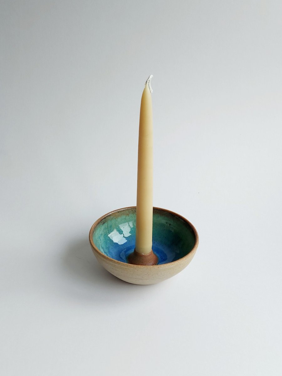 Handmade ceramic candle holder and organic beeswax candles 