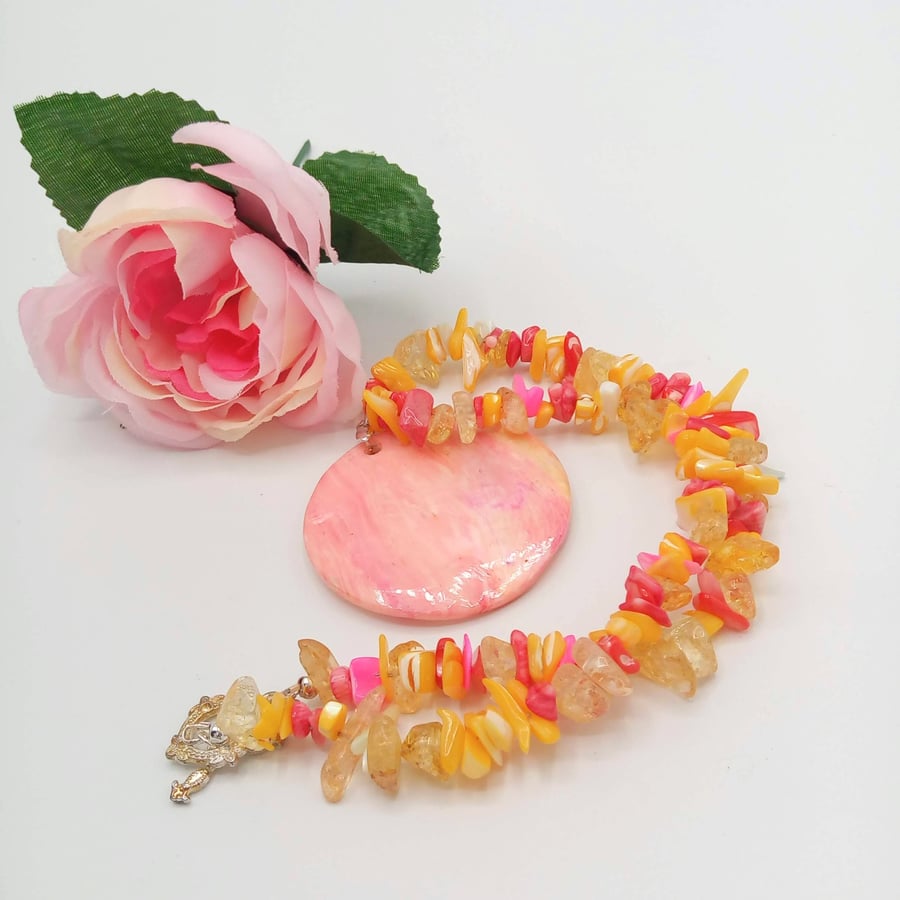 Pale Pink and Lemon Mother of Pearl Pendant on a Crushed Shell Necklace