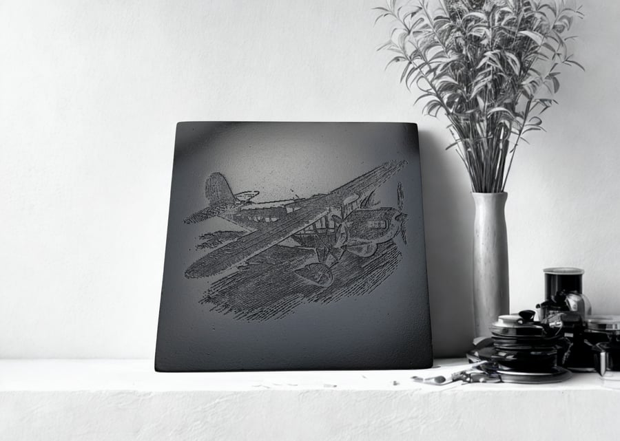 Handcrafted Stonecast Coaster with Engraved Plane – Decorative Aviation Accent 