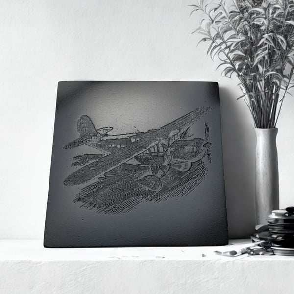Handcrafted Stonecast Coaster with Engraved Plane – Decorative Aviation Accent 