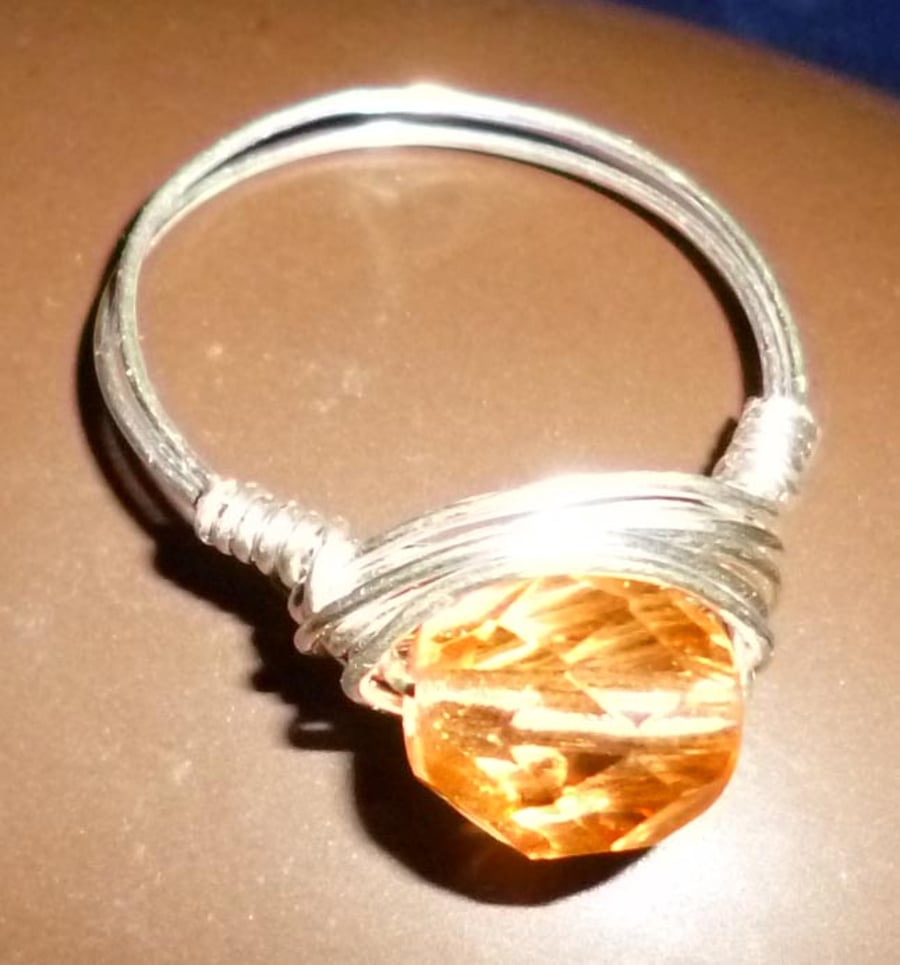 Hand made silver plated wire wrapped ring - peach or pale amber & silver
