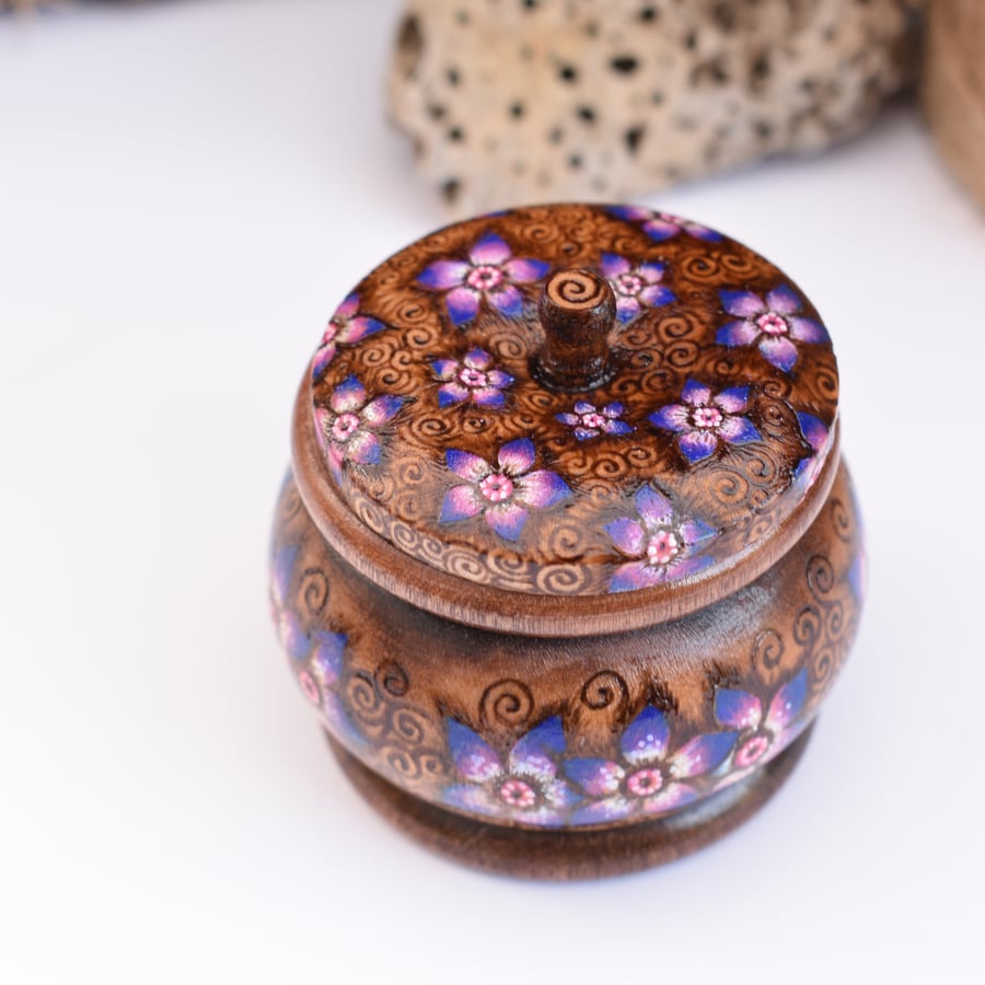 Purple flowers wooden pyrography trinket pot with place on lid