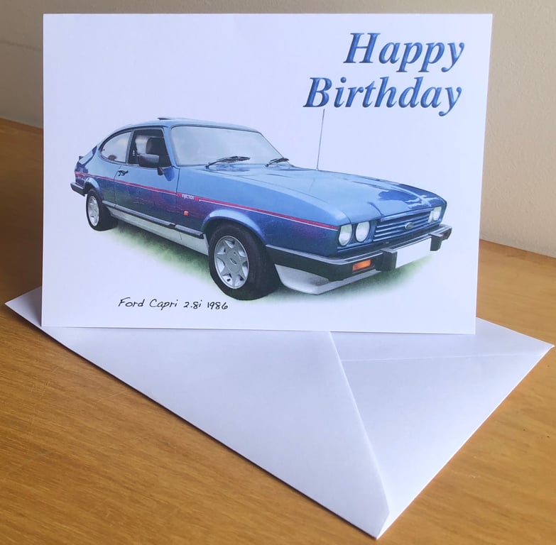 Ford Capri 2.8i 1986 (Blue) - Birthday, Anniversary, Greeting or Plain card