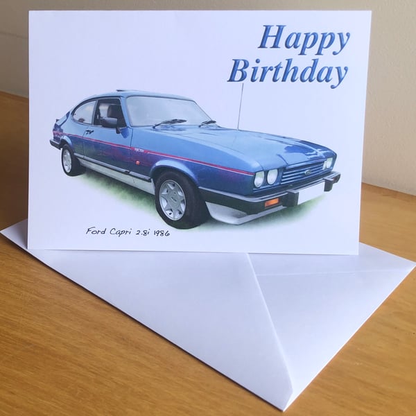 Ford Capri 2.8i 1986 (Blue) - Birthday, Anniversary, Greeting or Plain card