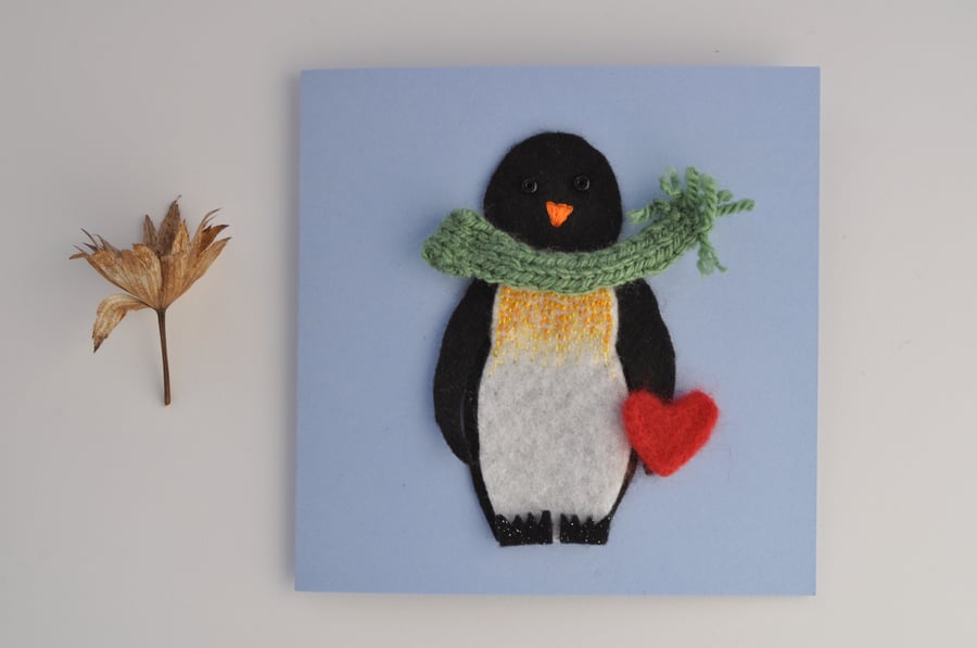 Felt Penguin with heart greeting card