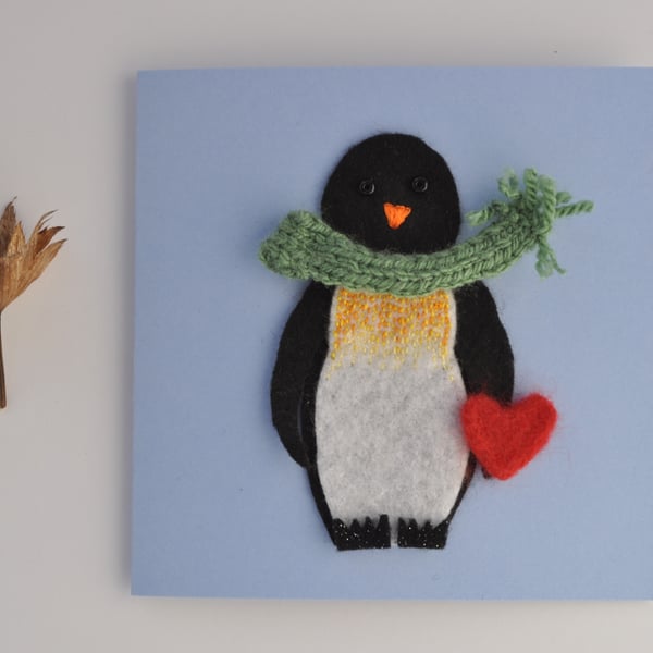 Felt Penguin with heart greeting card