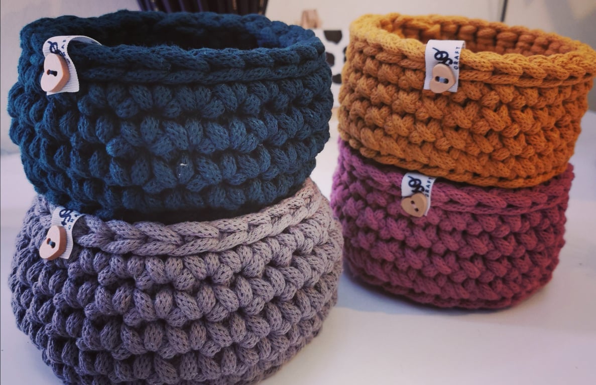 Small Handmade Crochet Basket: Recycled Cotton Cord Storage