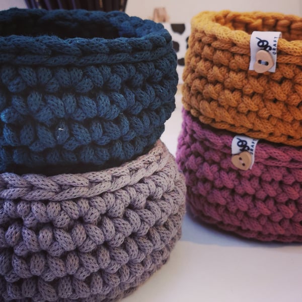 Small Handmade Crochet Basket: Recycled Cotton Cord Storage