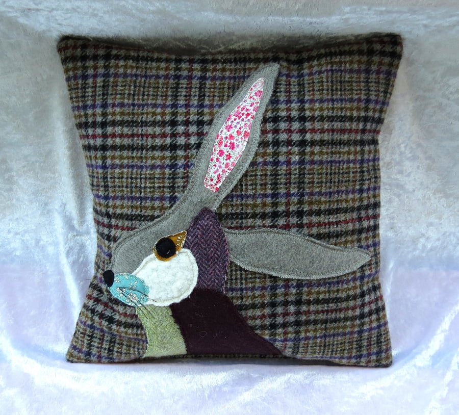 Hare Cushion, scrappy hare, wool cushion, with feather pad, 13 inches