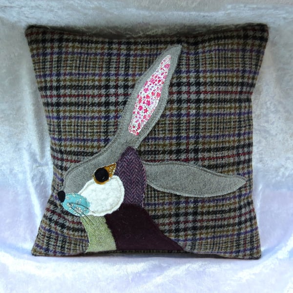 Hare Cushion, scrappy hare, wool cushion, with feather pad, 13 inches