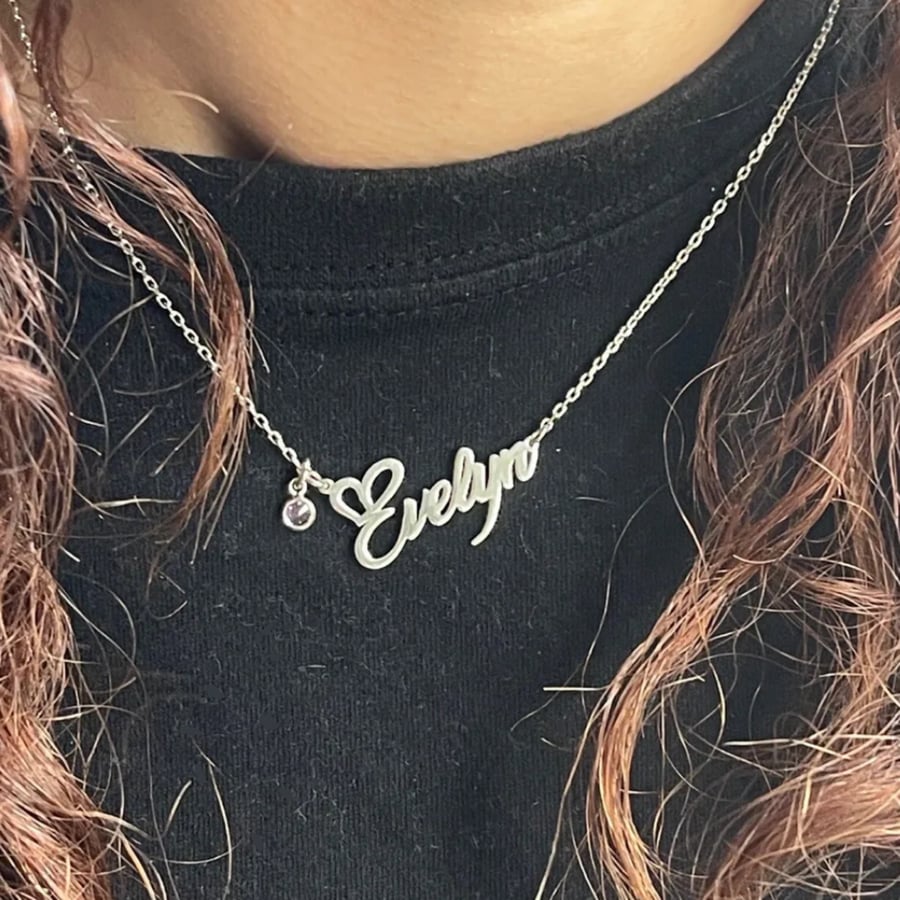 Personalised 925 Sterling Silver Name Necklace Heart Font, With Birthstone 