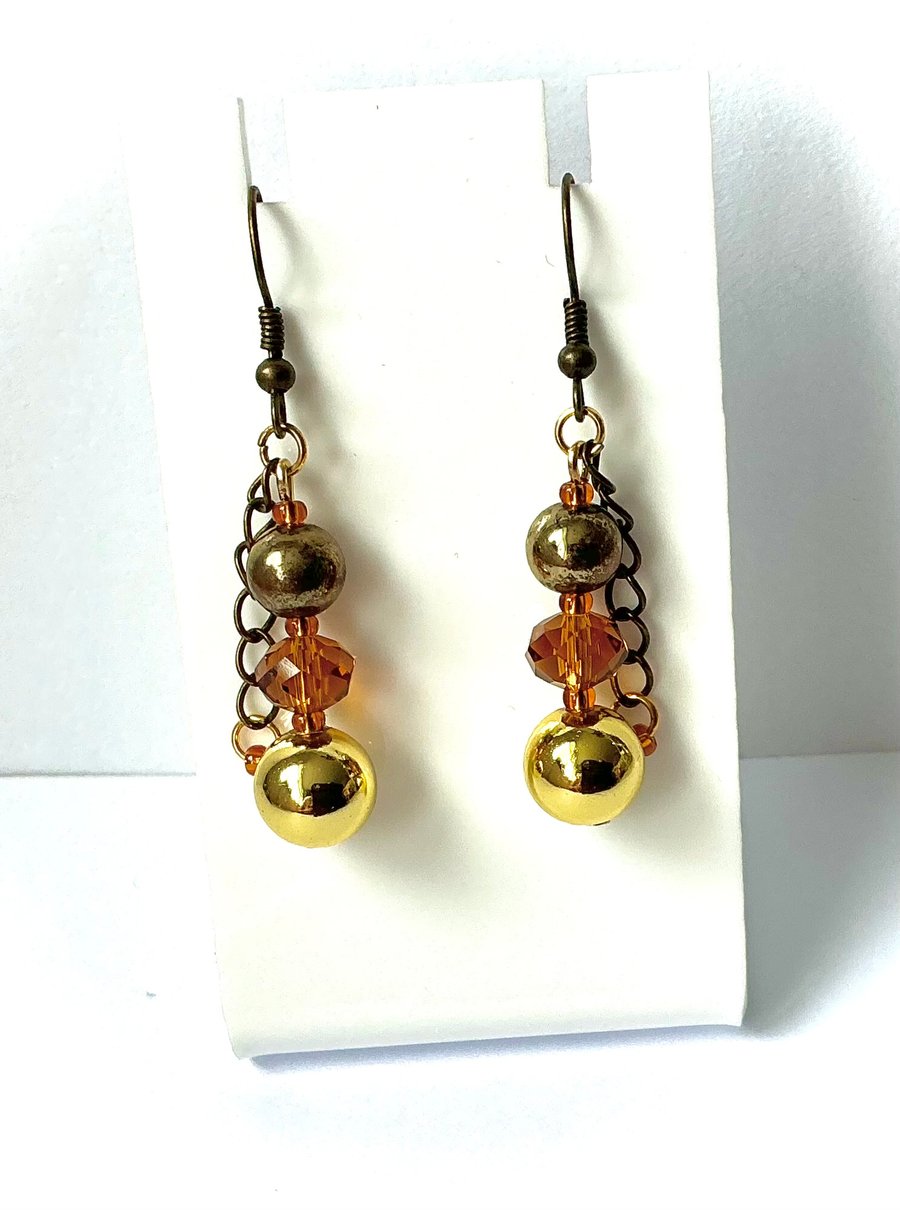 Gold, Bronze and Amber Beaded Earrings with chain detail