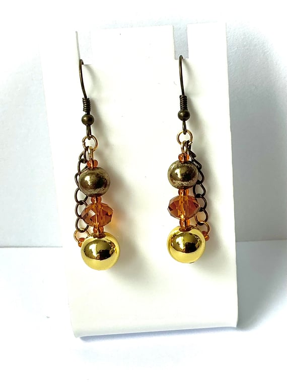 Gold, Bronze and Amber Beaded Earrings with chain detail