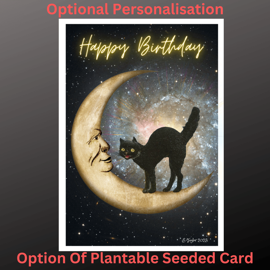 Birthday Card Cat Moon Personalisable Seeded Option Wiccan Fantasy Celestial