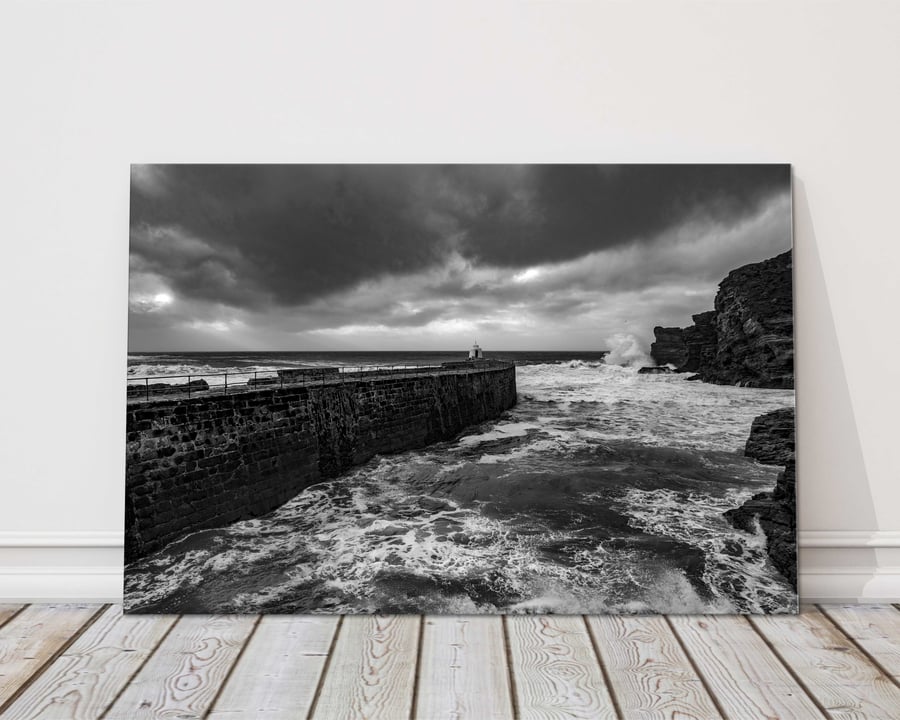 Portreath Harbour, stormy. Cornwall. Canvas picture print. 14"x10" (18mm depth)