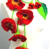 FELTED  NECKLACE -scarf- belt ---100% WOOL- RED  flowers -
