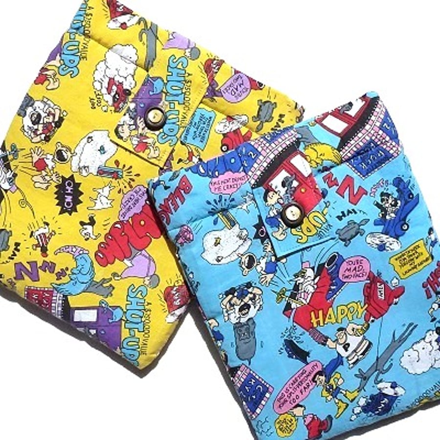 Retro cartoon padded lined ipad or kindle sleeve - in blue or yellow