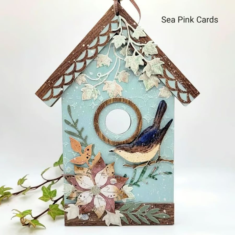 Birdhouse Hanging Ornament - mixed media, wooden decoration, bird, flower, ivy