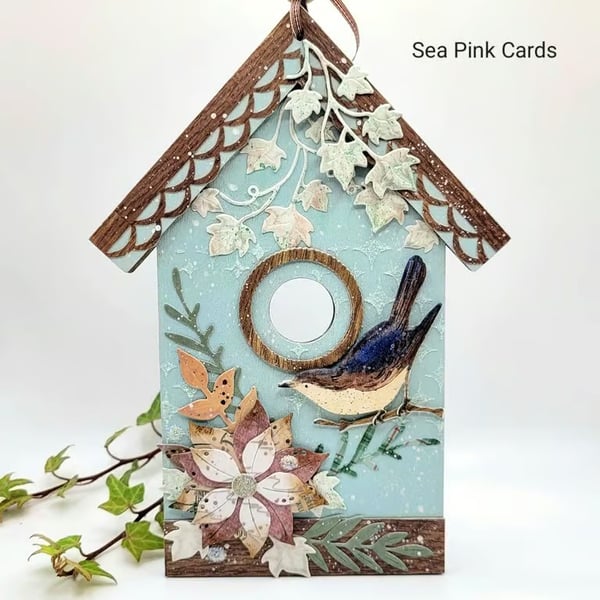 Birdhouse Hanging Ornament - mixed media, wooden decoration, bird, flower, ivy