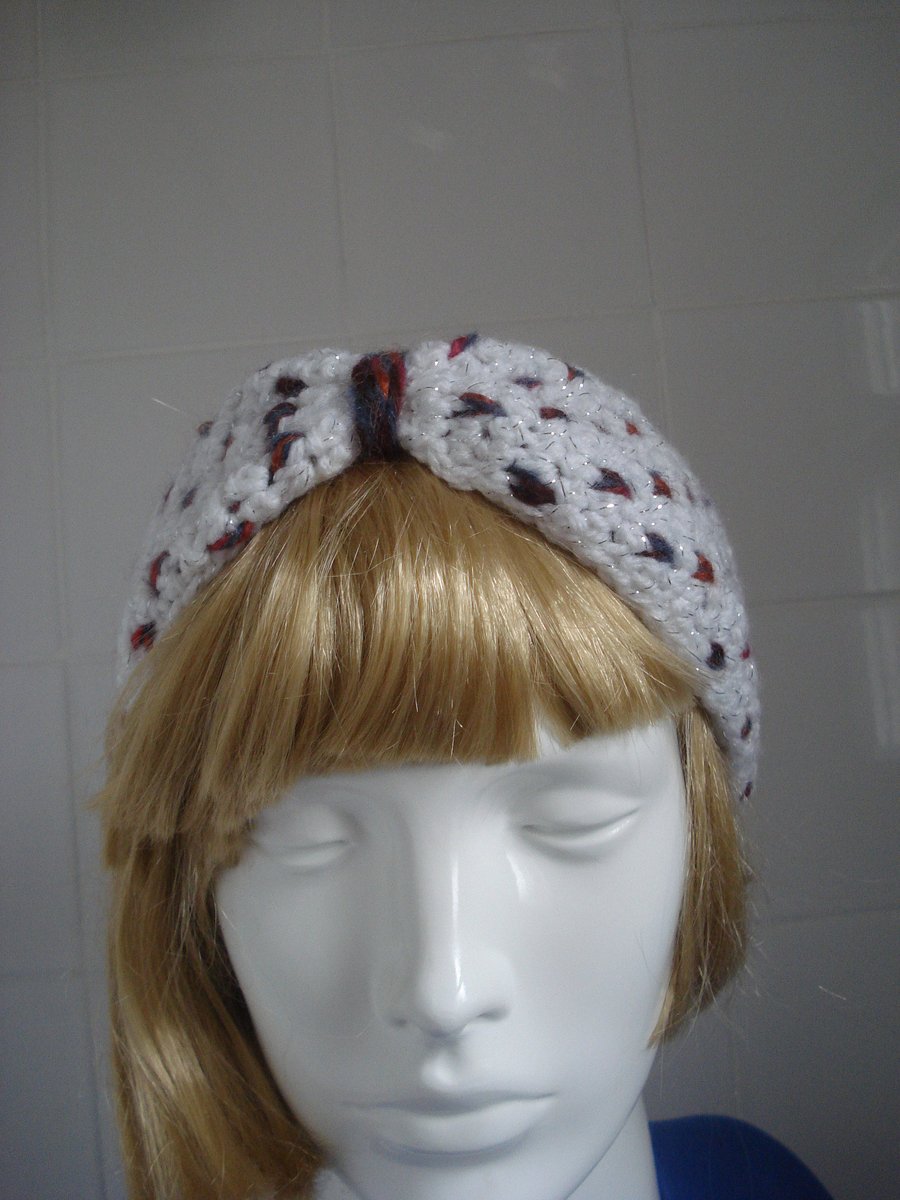 Crochet White and Red Headband In Aran Yarn (R767)