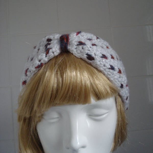 Crochet White and Red Headband In Aran Yarn (R767)