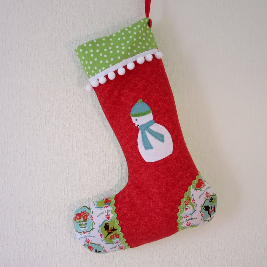Seconds Sunday - Christmas Stocking quilted with hand appliqued Snowman