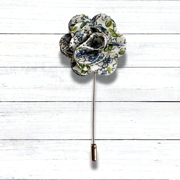 Flower Lapel Pin - White, Blue and Green Print Fabric, Perfect for Wedding 