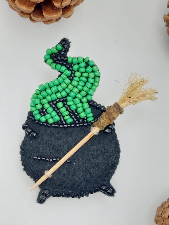handmade cauldron brooch with bead embroidery