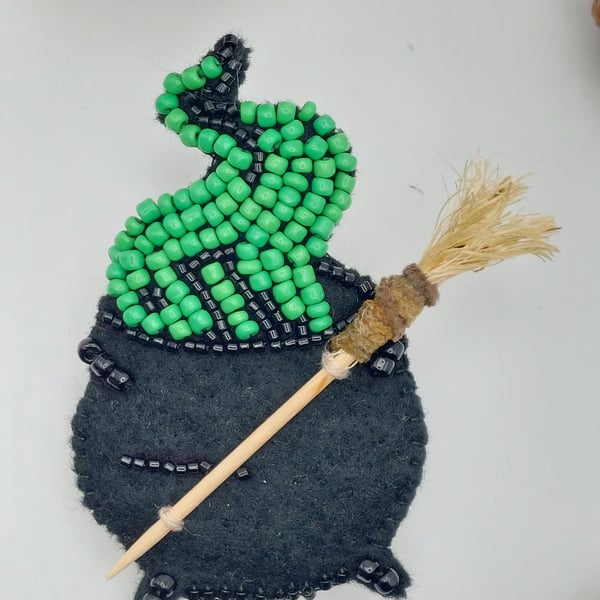handmade cauldron brooch with bead embroidery