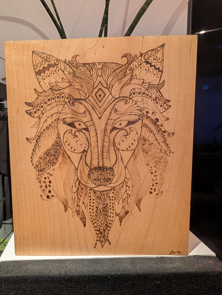 Wolf dog pyrography art