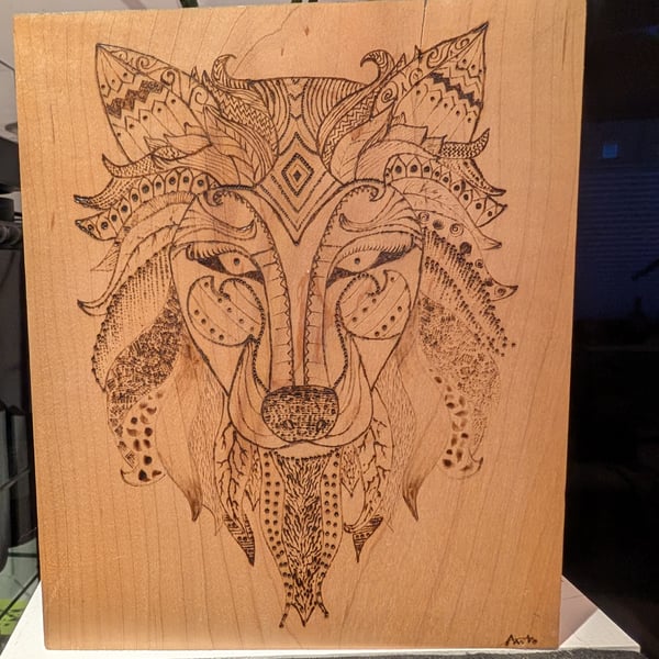 Wolf dog pyrography art