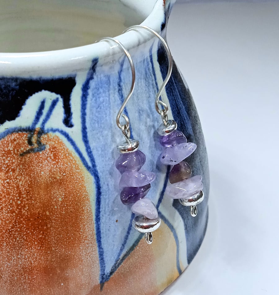 Hand Made Sterling Silver and Amethyst Earrings (ERGSDGPP1) - UK Free Post